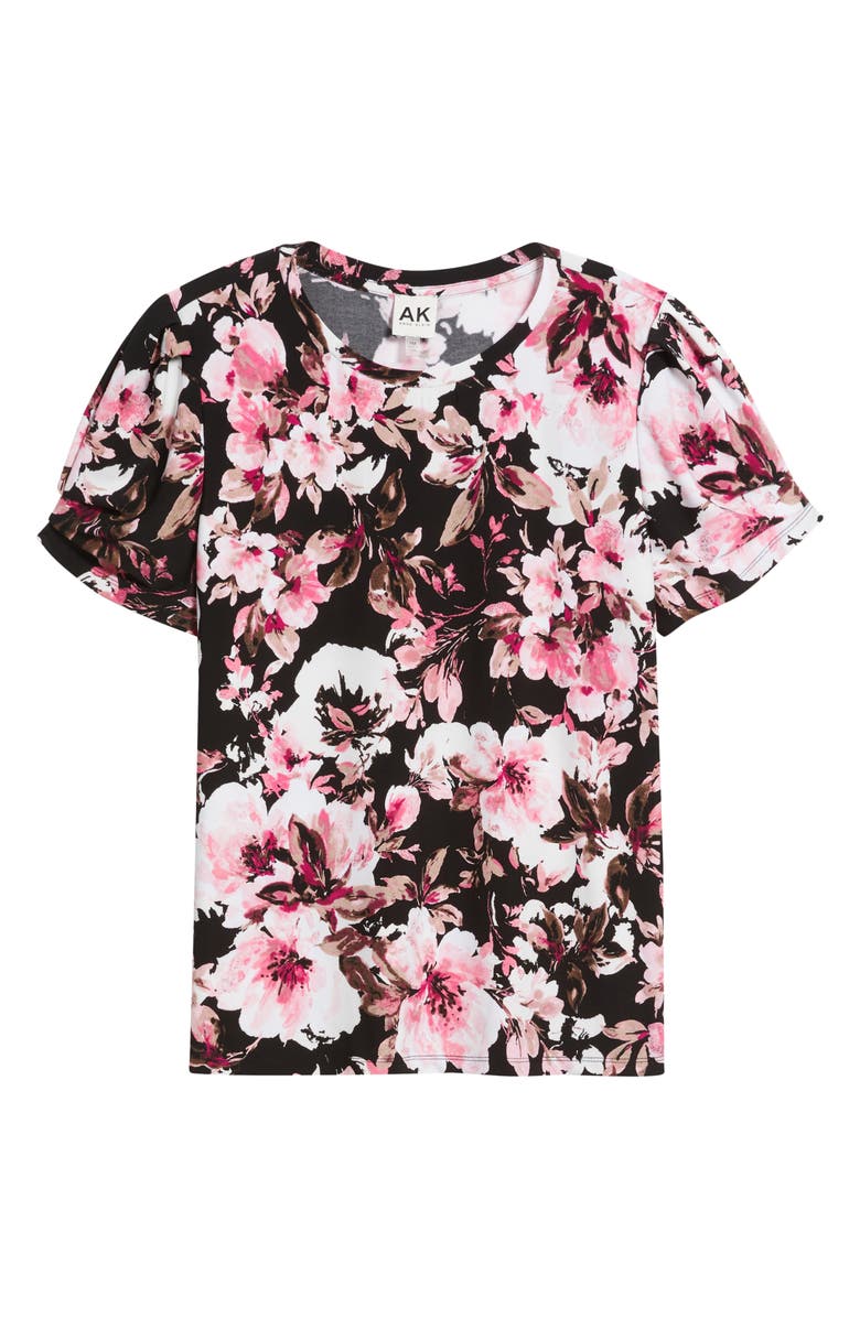 AK ANNE KLEIN Floral Print Pleated Sleeve Top, Alternate, color, Anne Black Multi