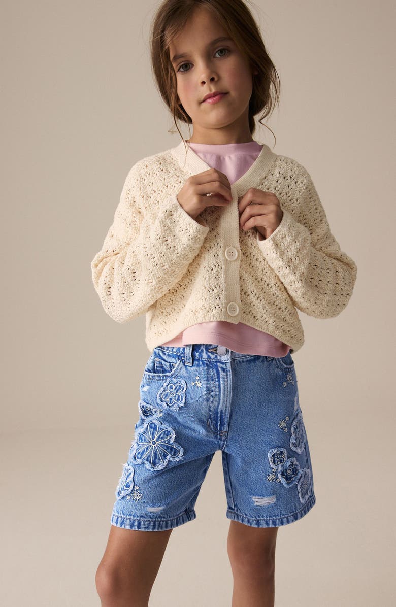 NEXT Kids' Flower Embroidered Denim Shorts, Alternate, color, Blue