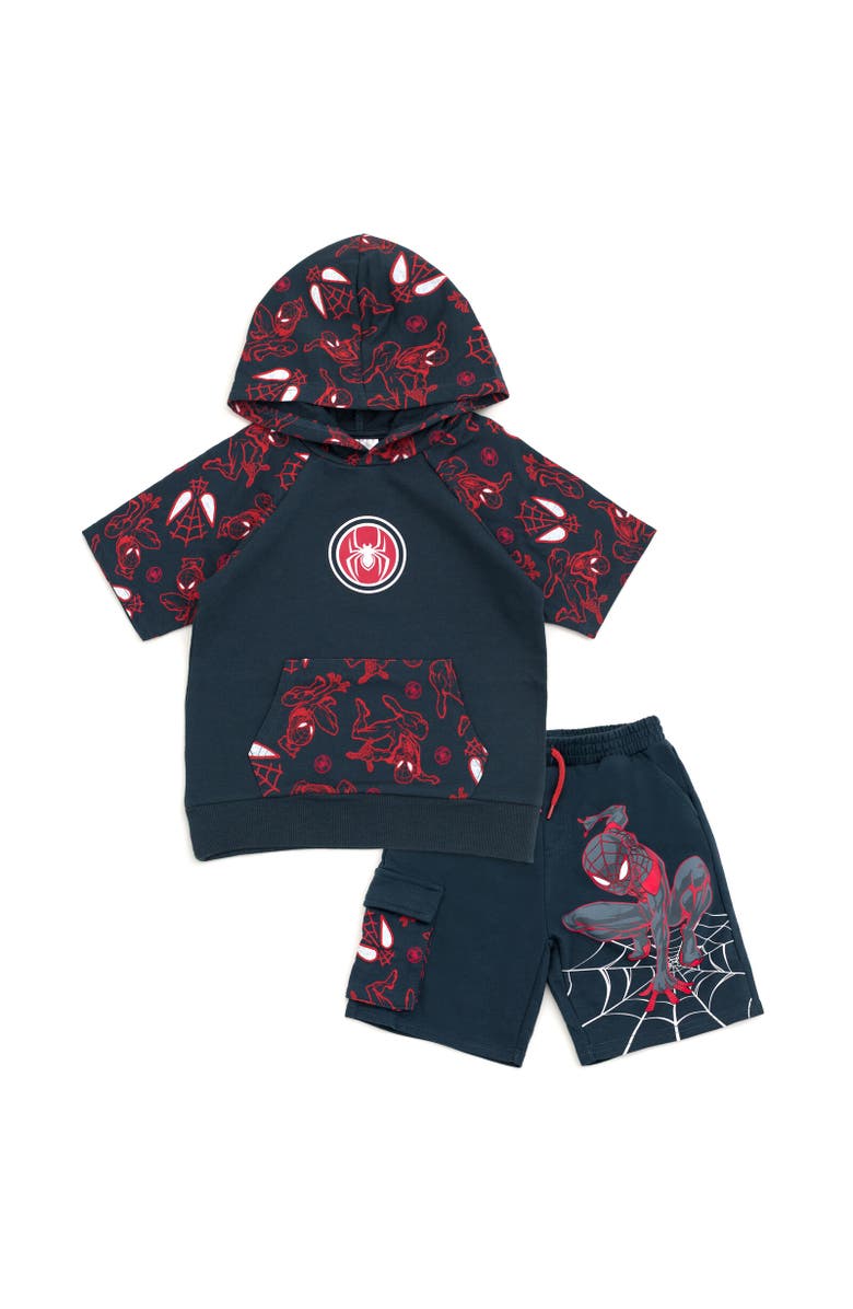 Marvel Spider-Man Short Sleeve Hoodie & Shorts Set, Main, color, Miles Morales Gray