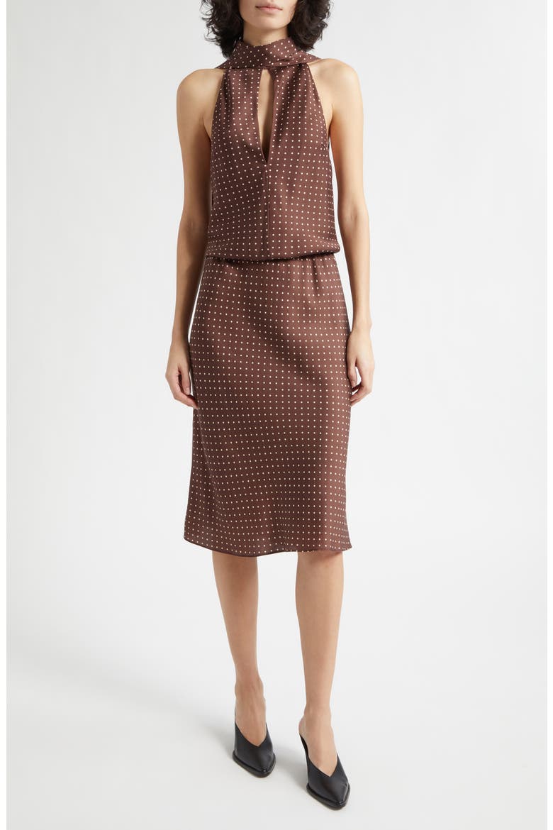 Phoebe Polka Dot Open Back Halter Neck Shift Dress, Main, color, CHOC VANILLA