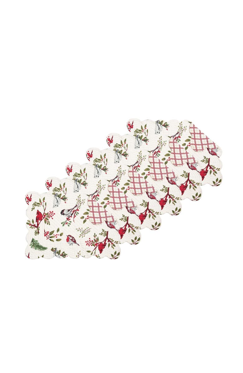 C&F Home Christmas Sprig Cardinal & Chickadee Birds Cotton Quilted Placemats, Set of 6, 13" x 19", Main, color, White