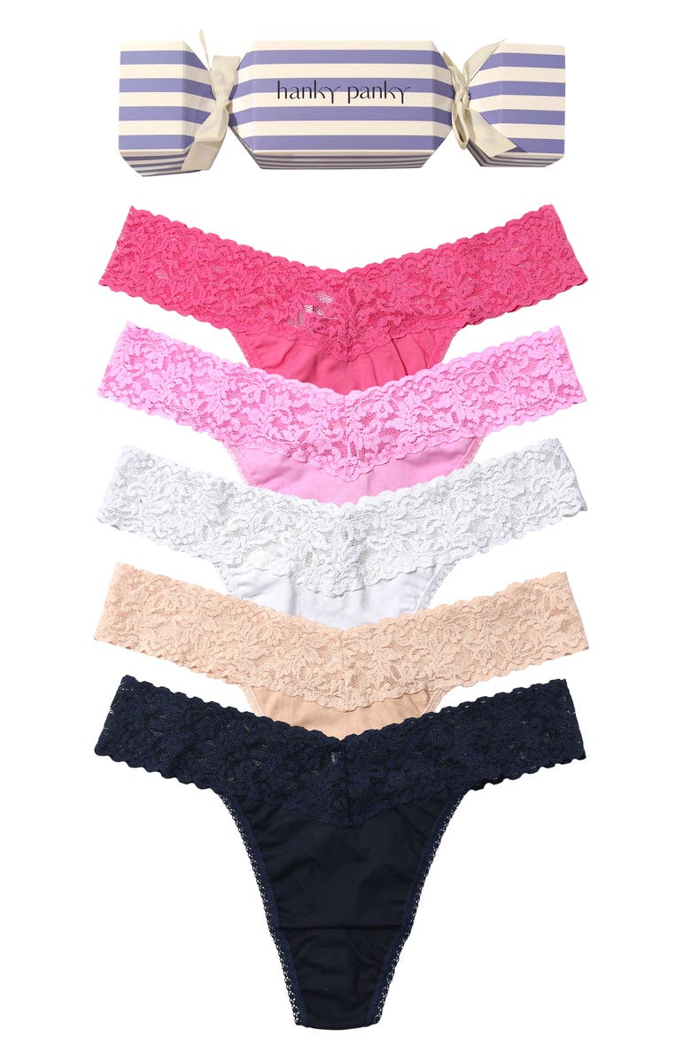 Hanky Panky Holiday Cracker Assorted 5-Pack Original Rise Thongs, Main, color, Pink Multi