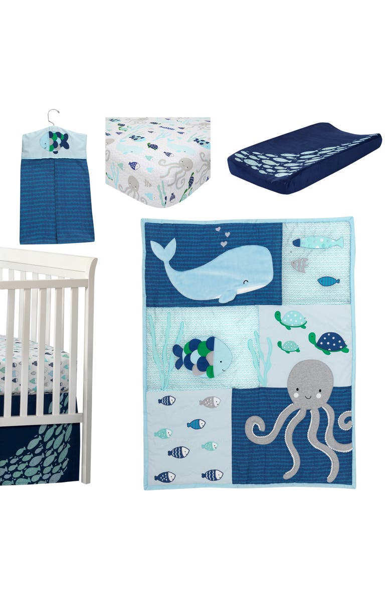 Lambs & Ivy Oceania Whale with Octopus and Fish Nautical Ocean 6-Piece Nursery Baby Crib Bedding Set, Main, color, Blue