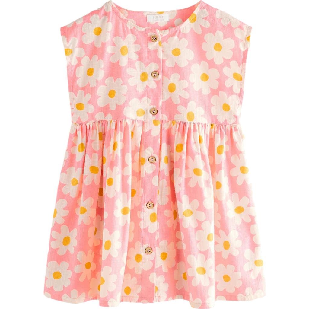 Next Kids' Floral Print Cotton Button Front Dress In Pink