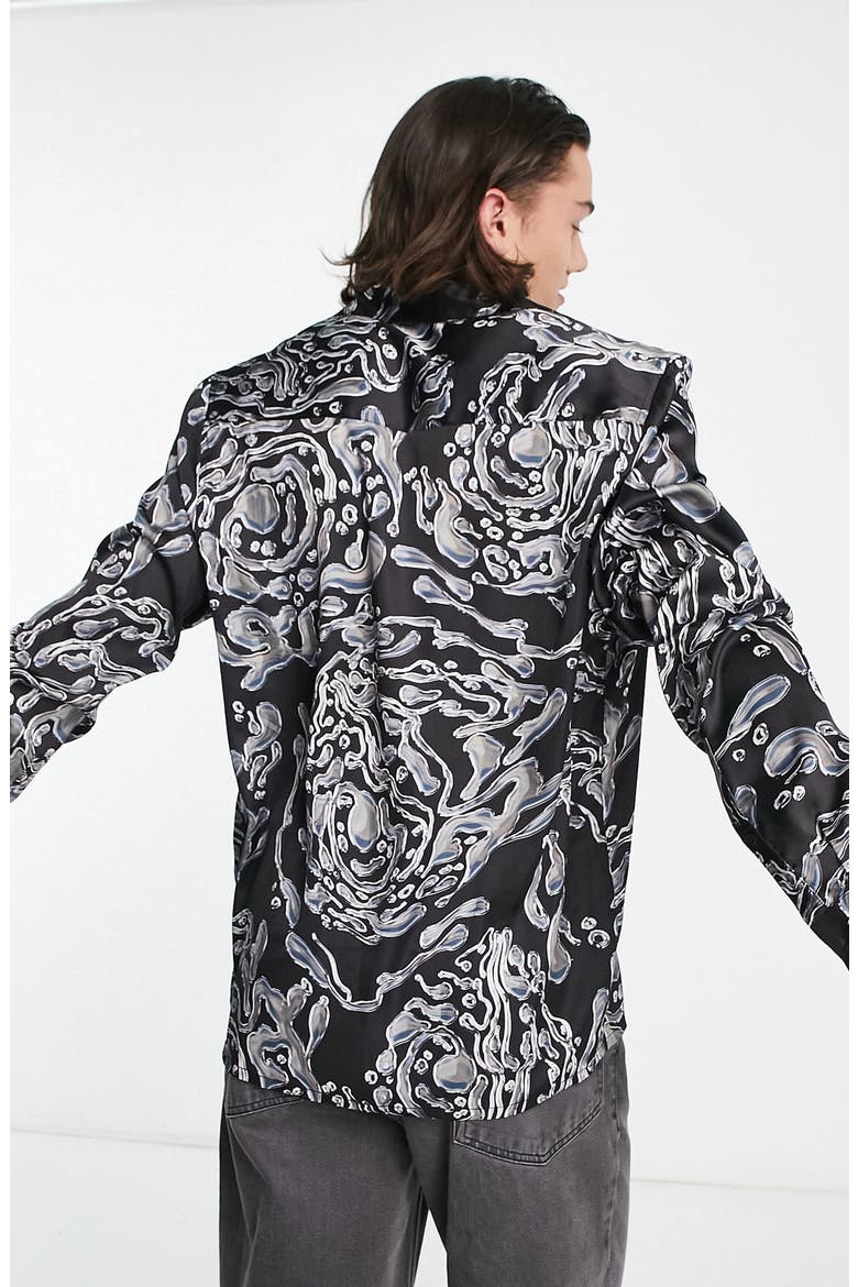 Relaxed Fit Metallic Button-Up Camp Shirt, Alternate, color, BLACK
