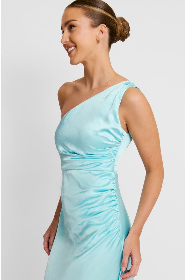 One Shoulder Gathered Bridesmaid Dress, Alternate, color, Turquoise