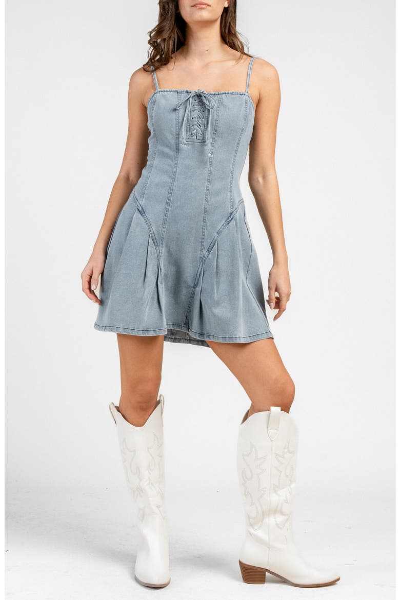 Pleated Tie Front Denim Dress, Main, color, LT BLUE