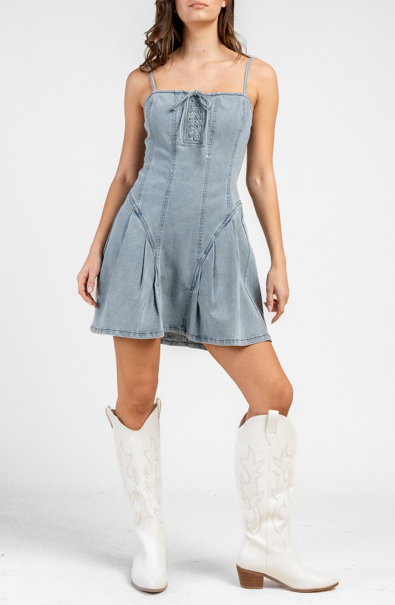 Beivy Pleated Tie Front Denim Dress, Main, color, Lt Blue