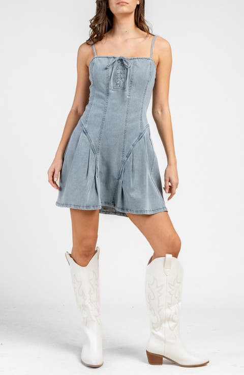 Pleated Tie Front Denim Dress