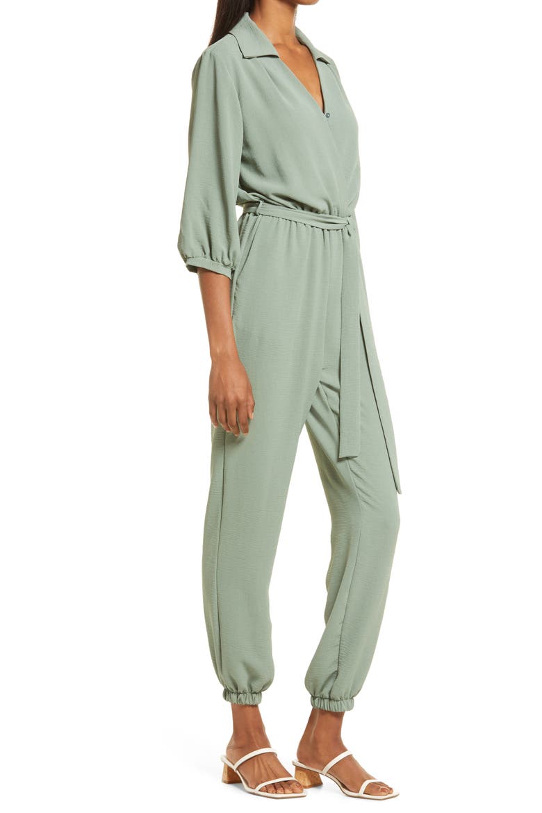 Tie Waist Long Sleeve Jumpsuit, Alternate, color, OLIVE