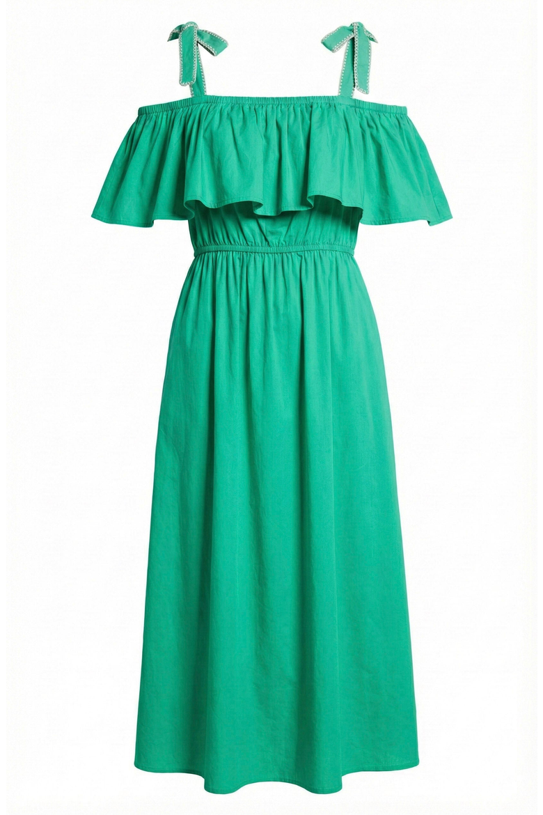 Off Shoulder Ruffle Smocked Midi Dress, Alternate, color, Emerald Green