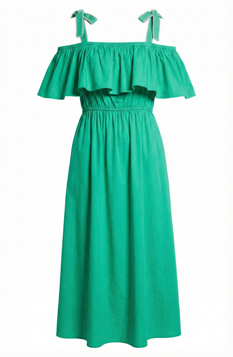 Modenaire Off Shoulder Ruffle Smocked Midi Dress, Alternate, color, Emerald Green