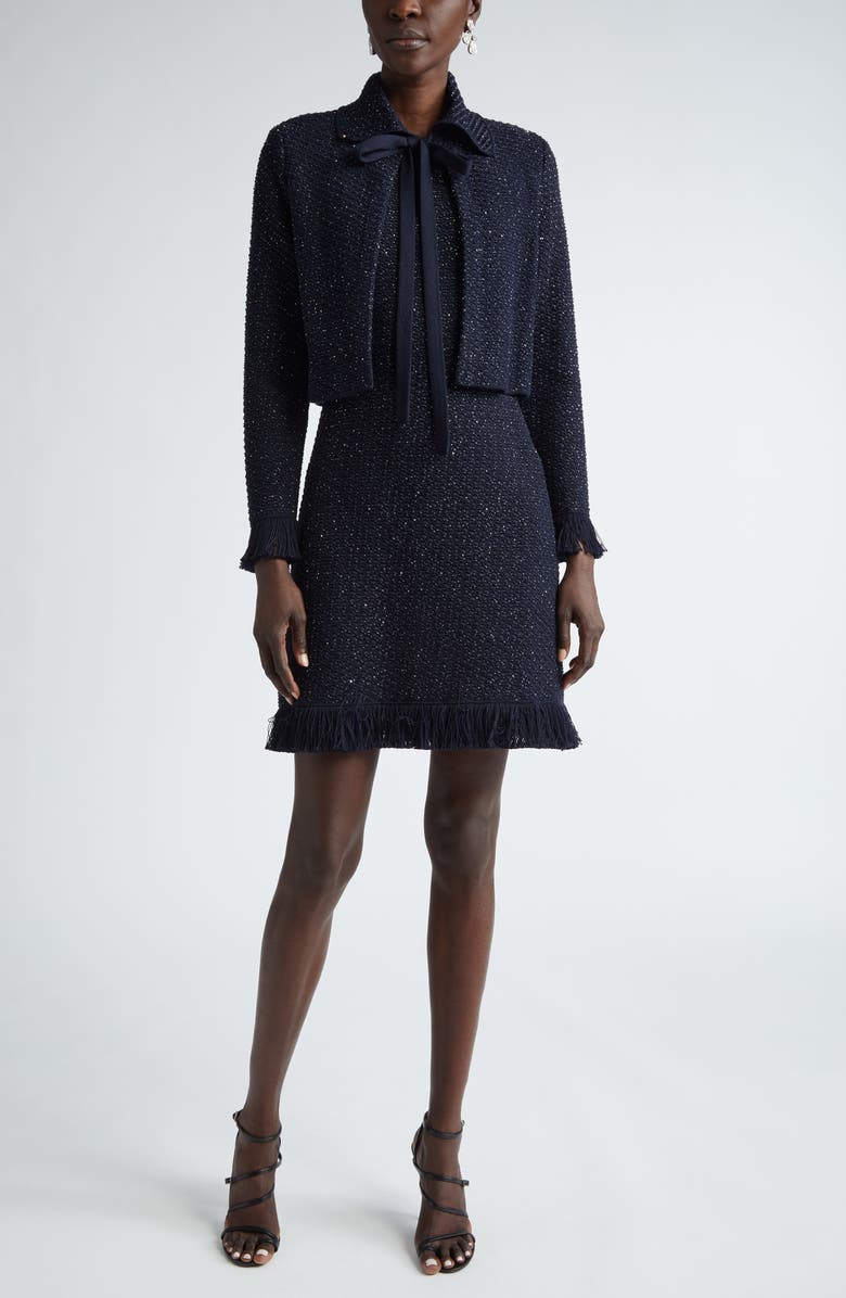 Oscar de la Renta Sequin Tweed Cocktail Dress, Alternate, color, Navy