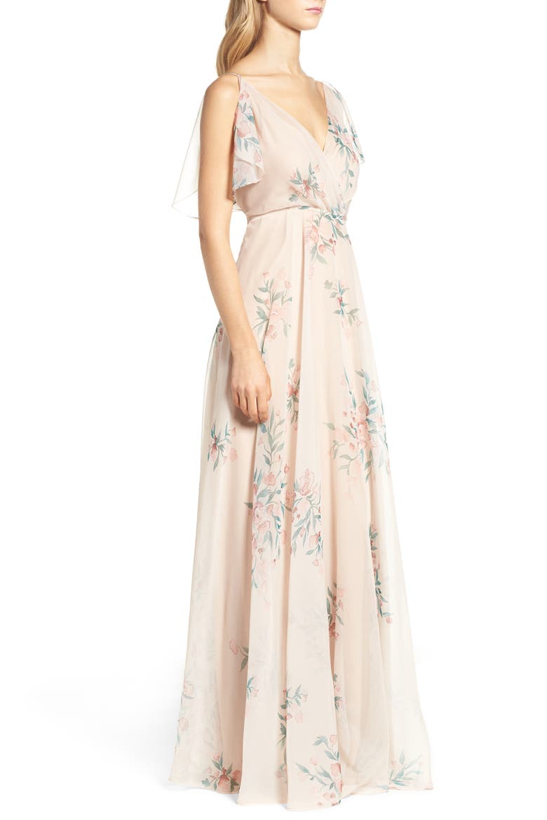 Cassie Flutter Sleeve Surplice Gown, Alternate, color, BLUSH CHAI