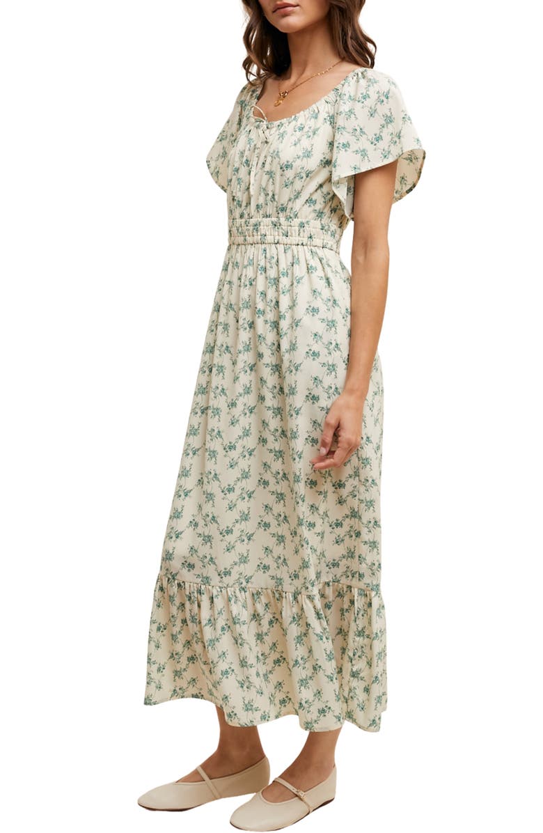 WISHLIST Floral Flutter Sleeve Midi Dress, Alternate, color, Cream/ Green
