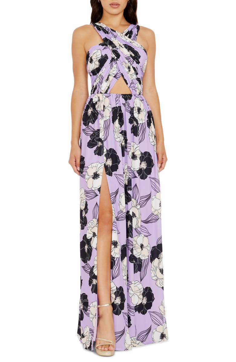 Dress the Population Rose Print Cutout Maxi Dress, Main, color, Wisteria Multi
