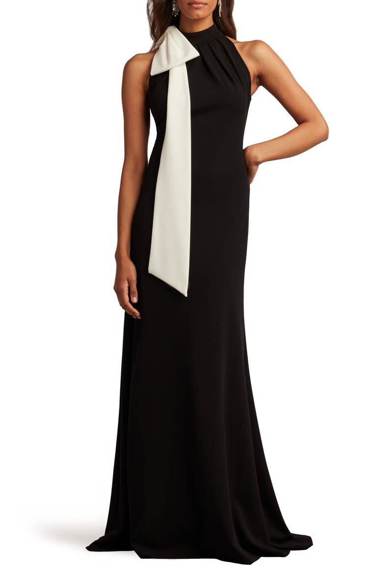 Bow Detail Sleeveless Gown, Alternate, color, BLACK/ IVORY