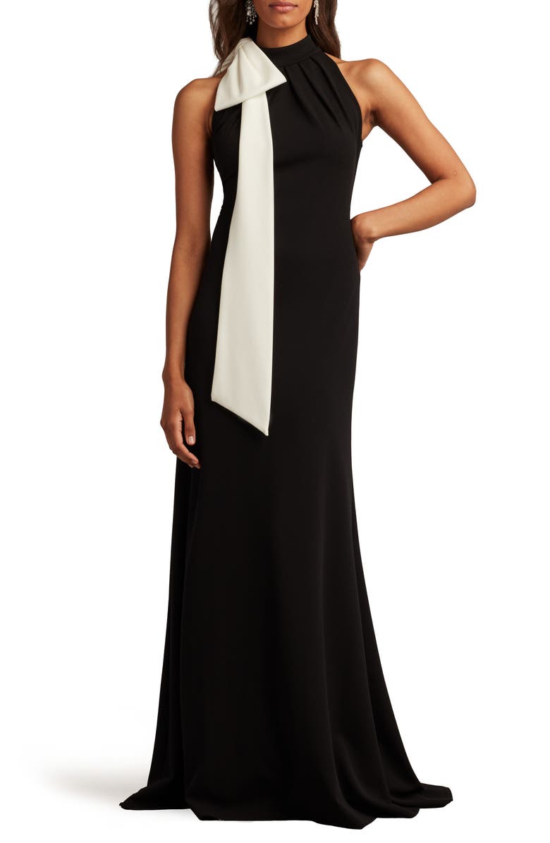 Tadashi Shoji Bow Detail Sleeveless Gown, Alternate, color, Black/ Ivory