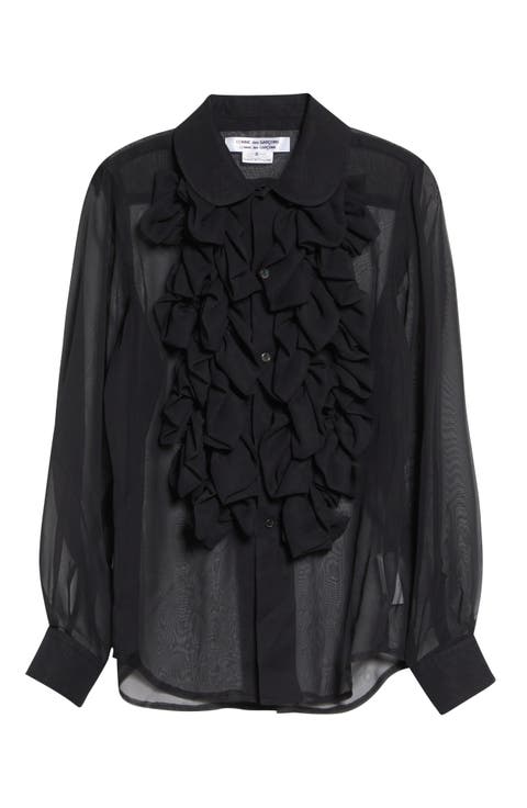 Ruffle Sheer Crepe Button-Up Shirt