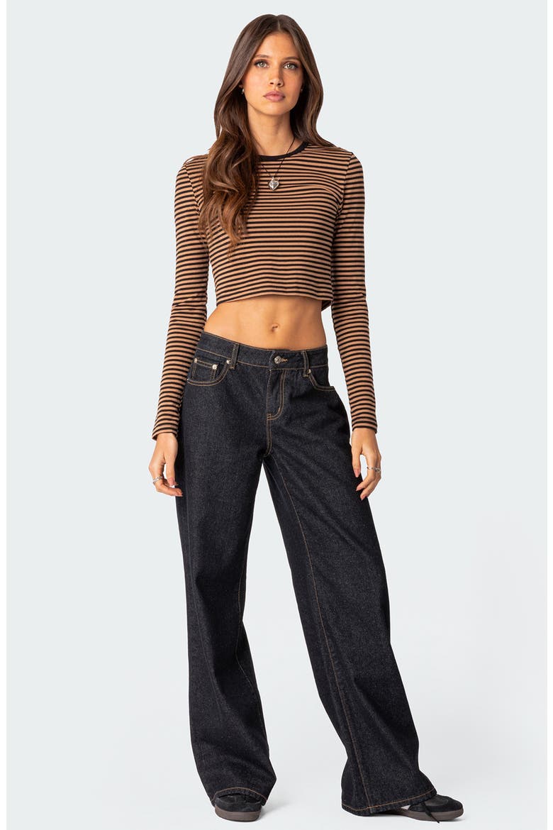 Montie Stripe Long Sleeve Stretch Cotton Crop Top, Alternate, color, BROWN