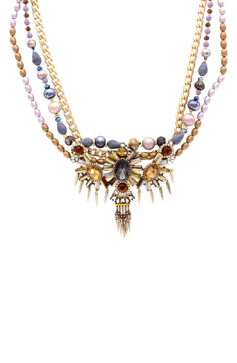OLIVIA WELLES Tatiana Crystal Pendant Faux Pearl Layered Necklace, Main, color, Gold-Brown
