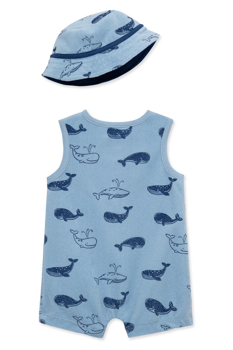 Whale Print Terry Romper & Sun Hat Set, Alternate, color, BLUE