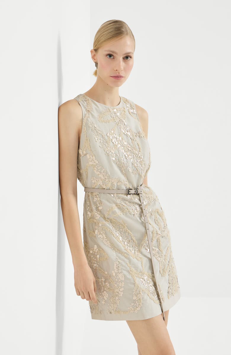 Brunello Cucinelli Mini dress with dazzling embroidery, Alternate, color, Beige