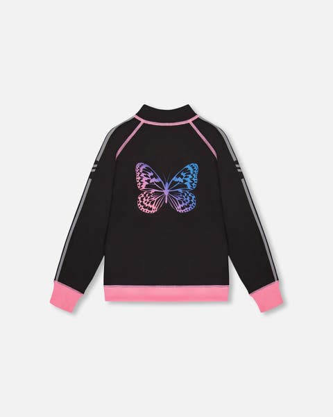Little Girl's Printed Reversible Full Zip Athletic Cardigan Pink, Blue And Butterflies