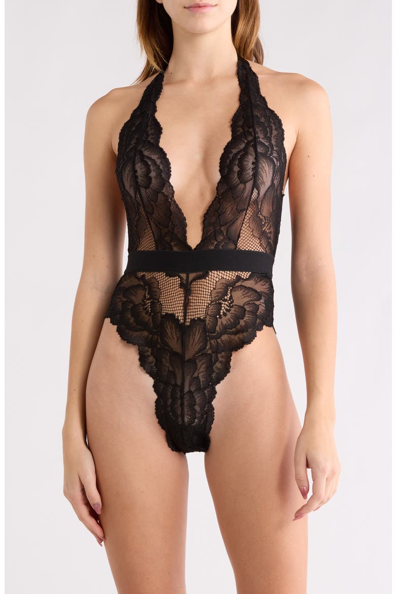 Floral Lace Halter Teddy, Main, color, BLACK