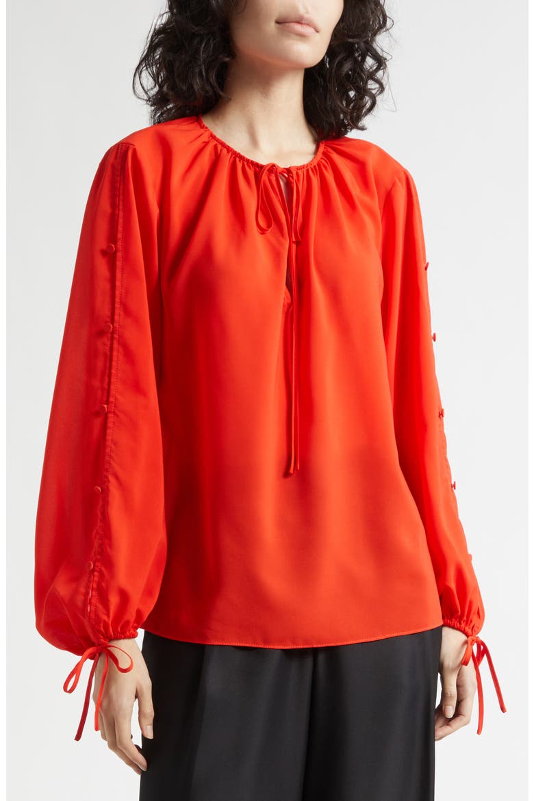 Oletta Button Long Sleeve Tie Cuff Top, Alternate, color, TOMATO
