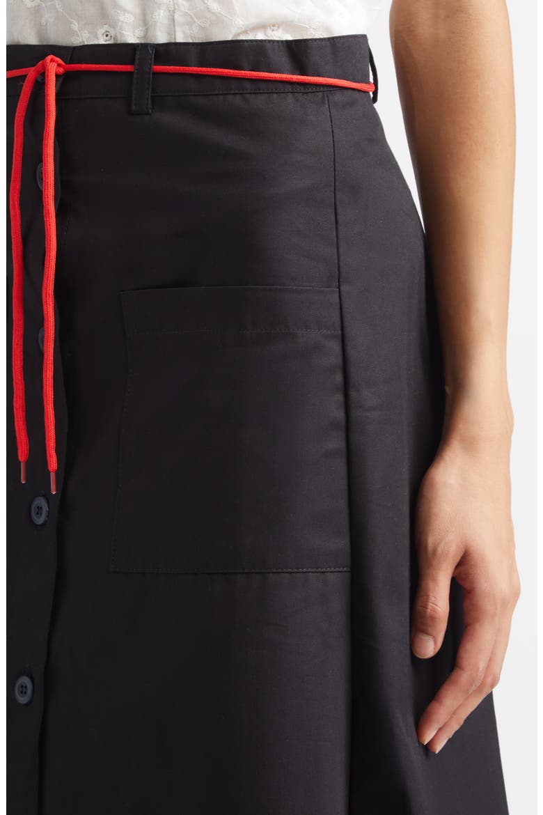 Shoelace Patch Pocket Cotton A-Line Midi Skirt, Alternate, color, BLACK
