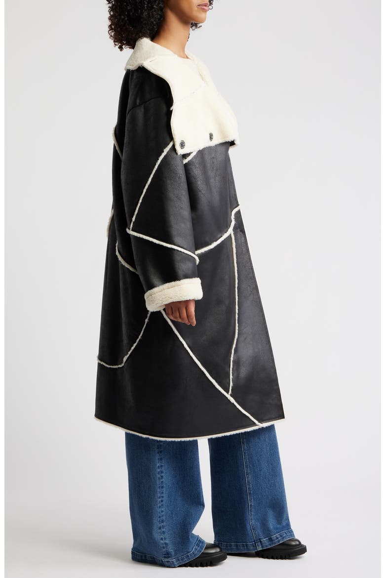Emberlynn Oversize Faux Leather & LuxeFluff Long Coat, Alternate, color, BLACK
