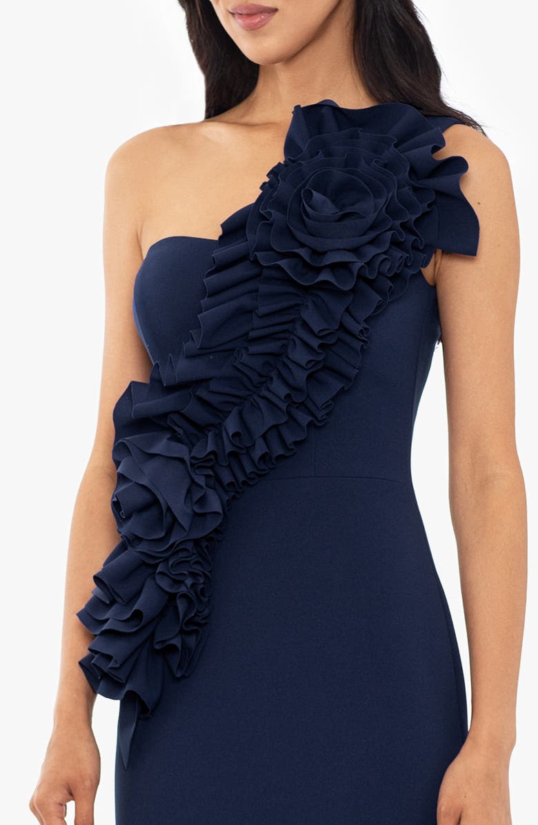 Betsy & Adam Rosette One-Shoulder Trumpet Gown, Alternate, color, Navy