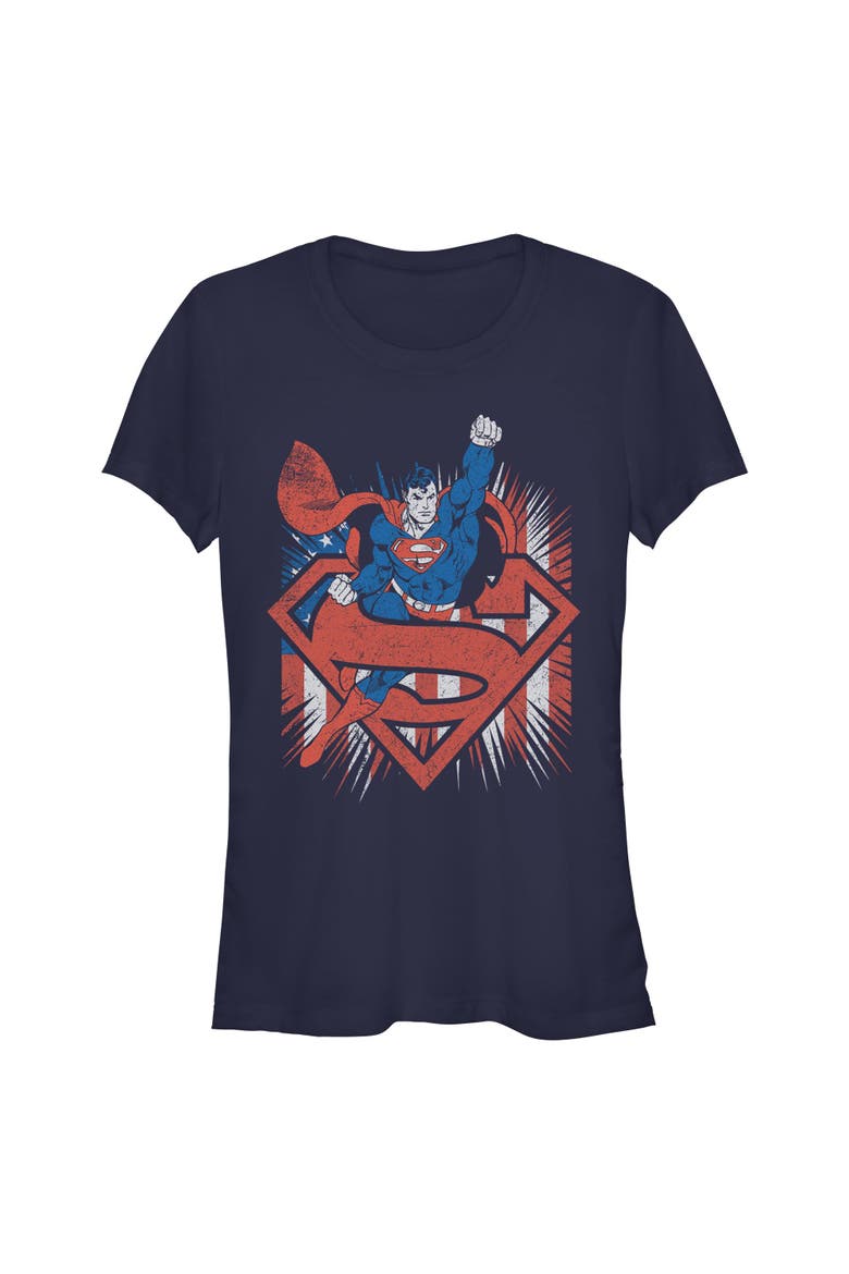 Juniors Superman Festive Pose T Shirt, Main, color, Navy Blue