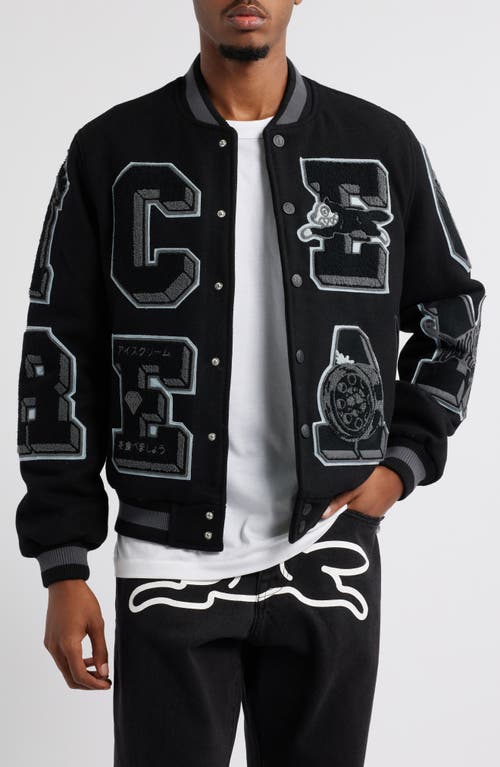 ICECREAM Creme Wool Blend Varsity Jacket in Black 