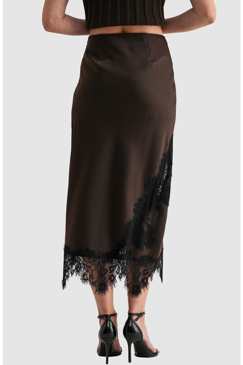 Lace Detailed Satin Midi Skirt, Alternate, color, DARK BROWN BLACK