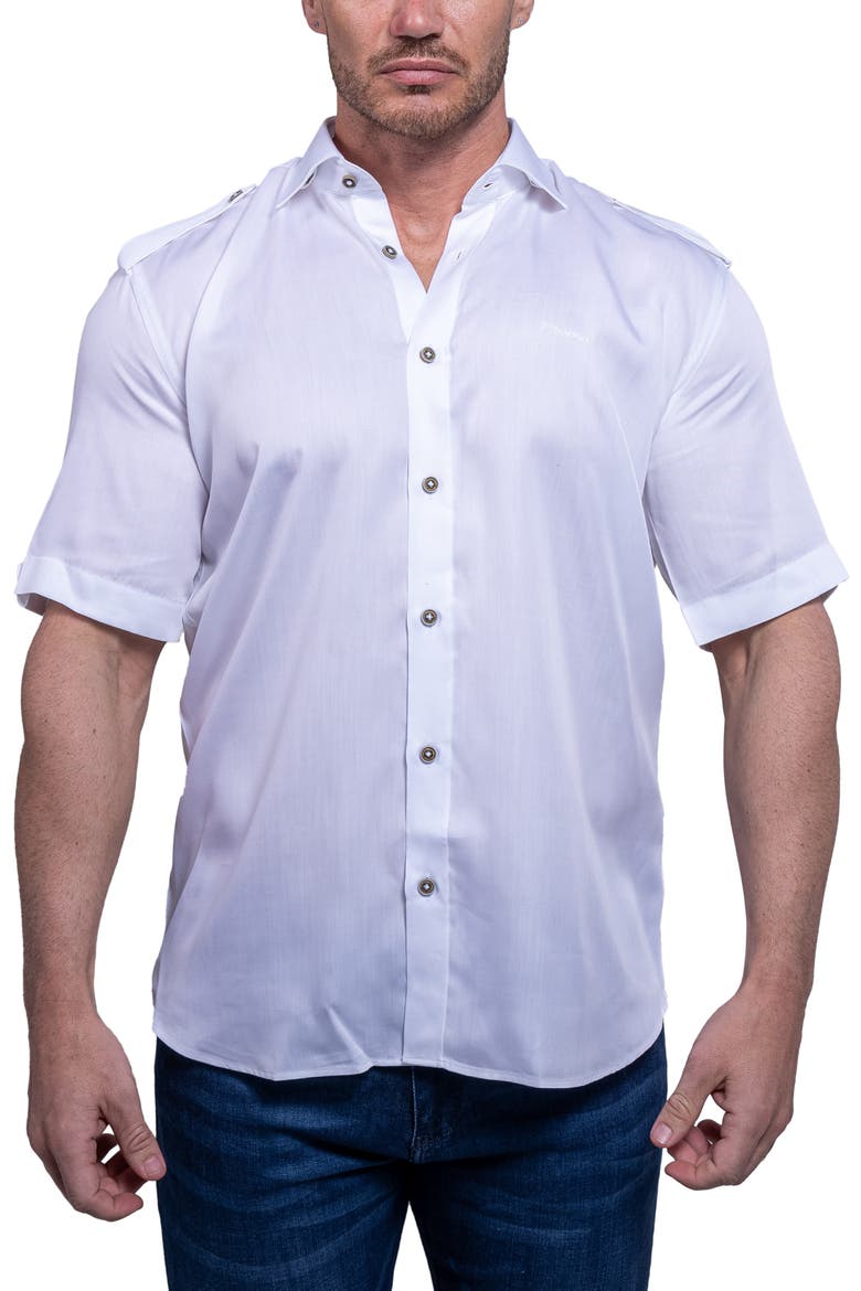 Munich Resistance0177 White Short Sleeve Button-Up Shirt, Main, color, WHITE