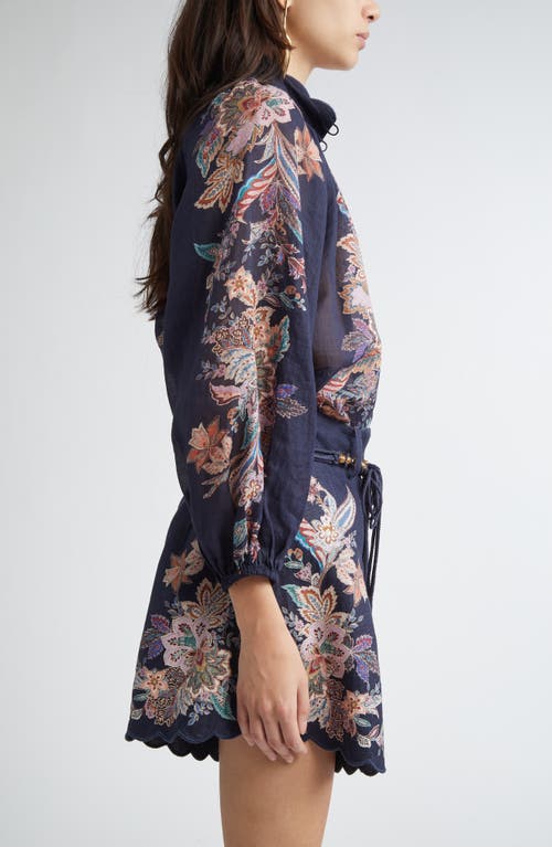 Zimmermann Rhiannon Billow Blue Blouse With High Neck And All-over Paisley Print In Ramie Woman In Blue