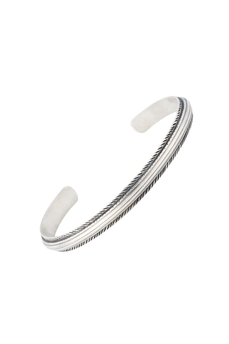 Sterling Silver Feather Trim Cuff Bracelet, Main, color, SILVER