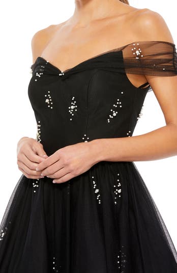 Off The Shoulder Embellished Tulle Cocktail Dress