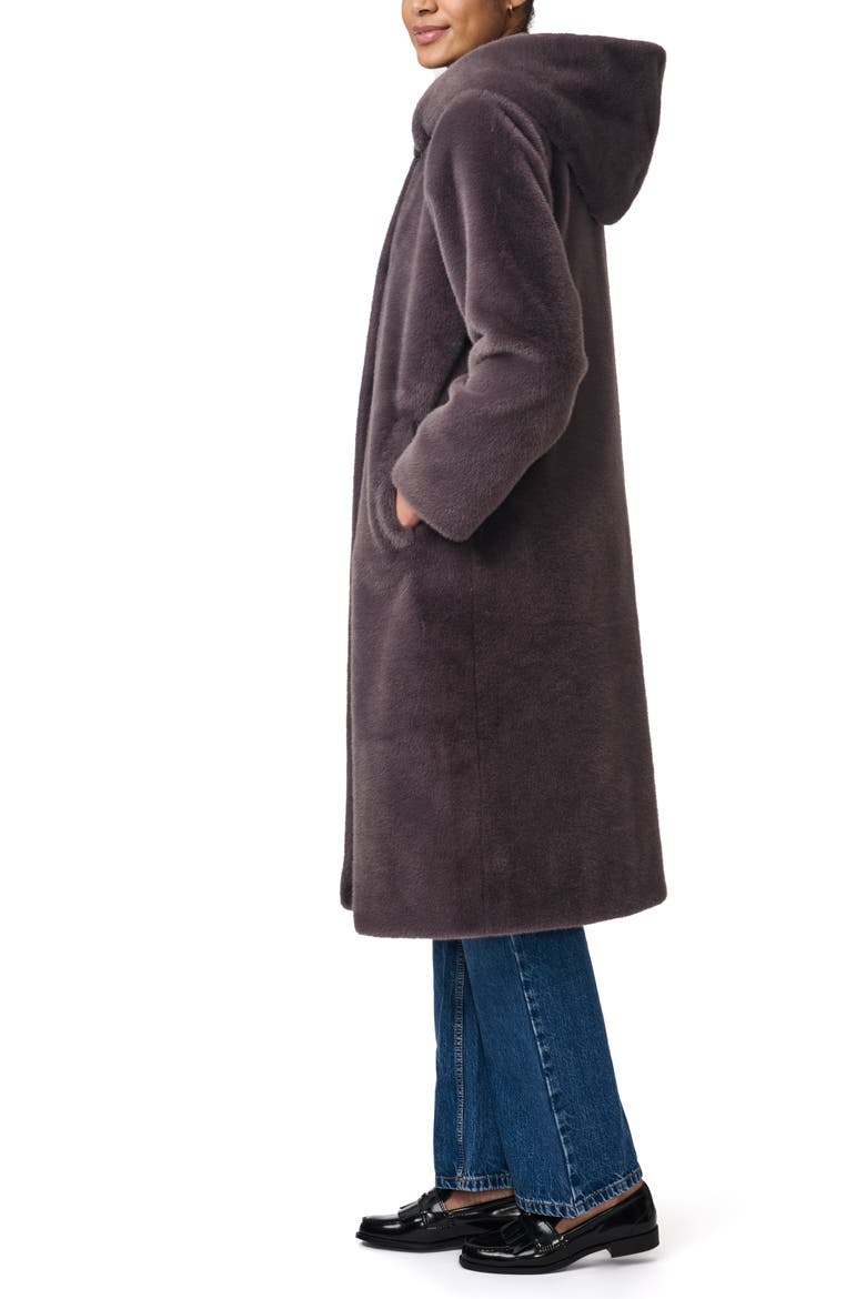 Shawl Collar Hoodded Faux Fur Coat, Alternate, color, GRAPHITE