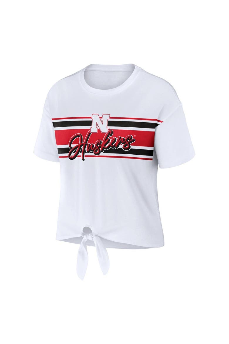 Women's WEAR by Erin Andrews White Nebraska Huskers Striped Front Knot Cropped T-Shirt, Alternate, color, White