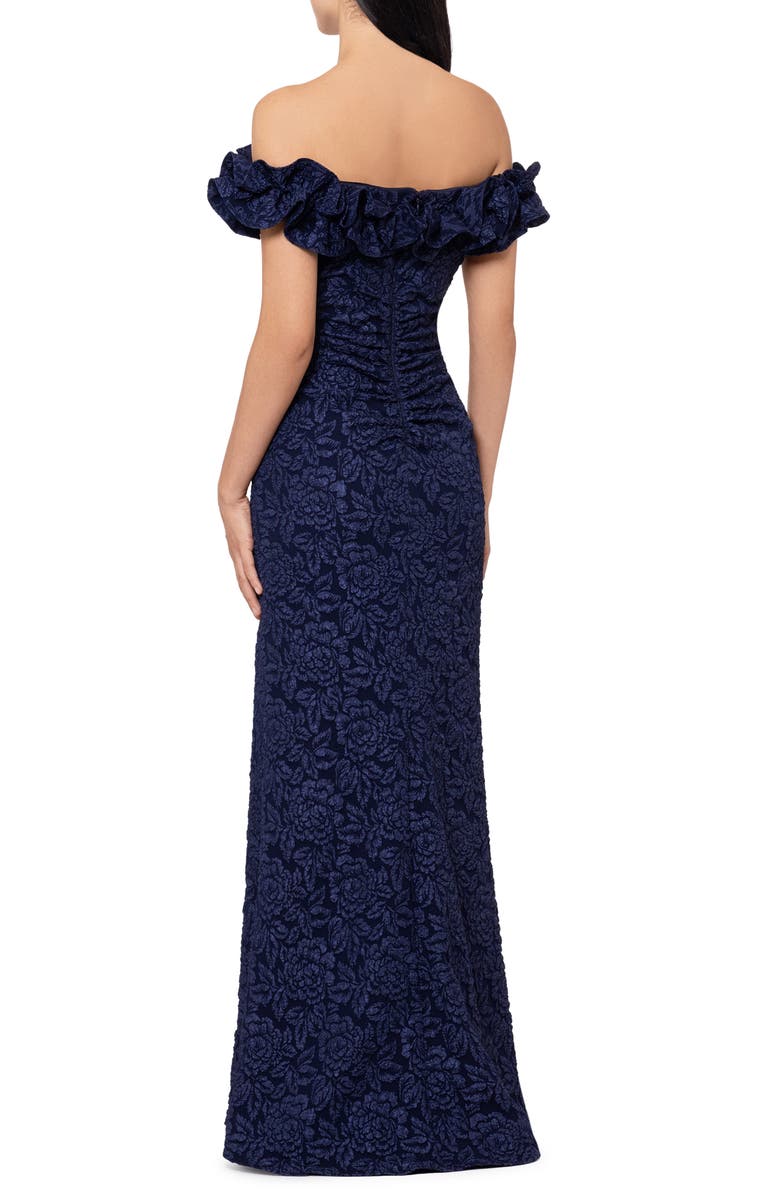 Xscape Evenings Ruffle Off the Shoulder Brocade Gown, Alternate, color, 