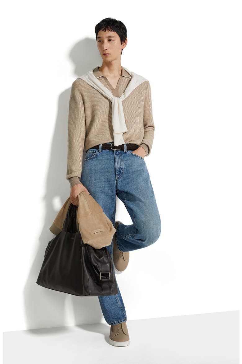 Long Sleeve Silk & Cashmere Polo Sweater, Alternate, color, MED BEIGE FAN
