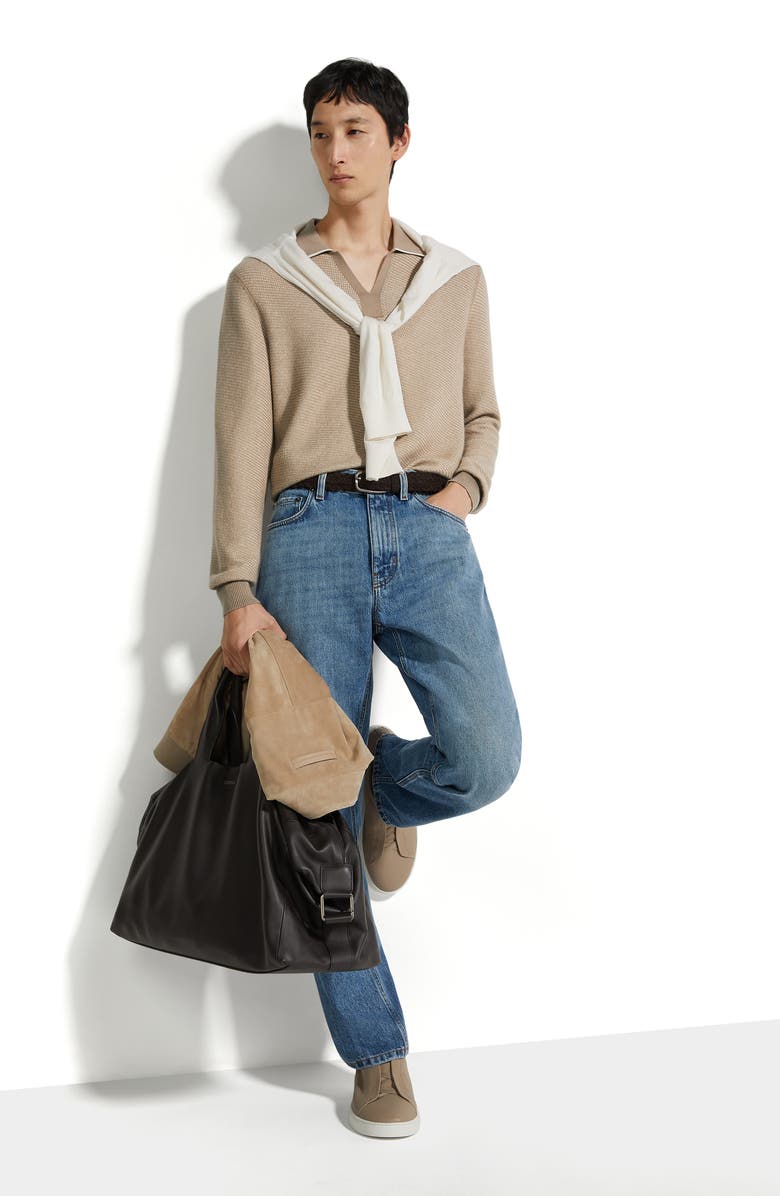 ZEGNA Long Sleeve Silk & Cashmere Polo Sweater, Alternate, color, Med Beige Fan