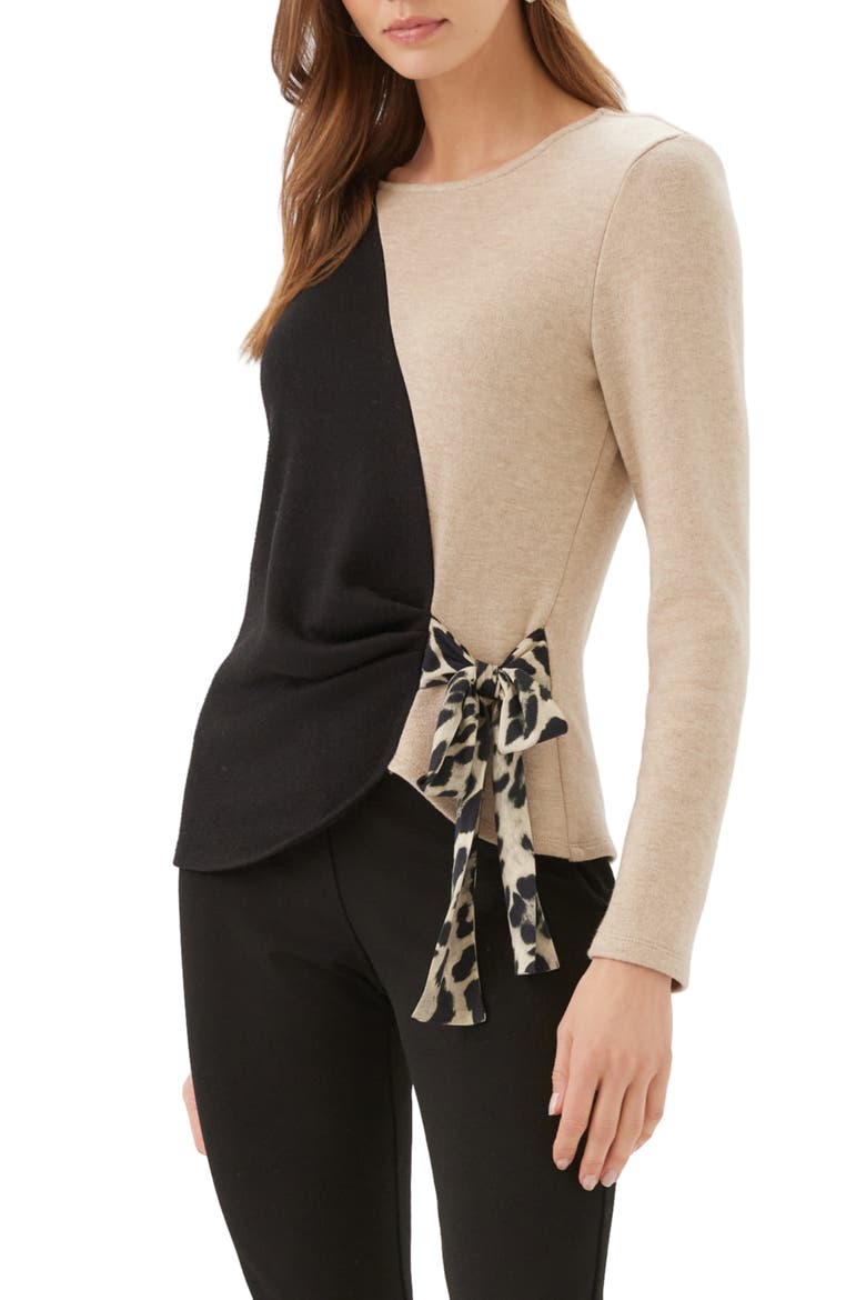 Colorblock Bow Satin Sweater, Alternate, color, BLACK/ LIGHT TAN