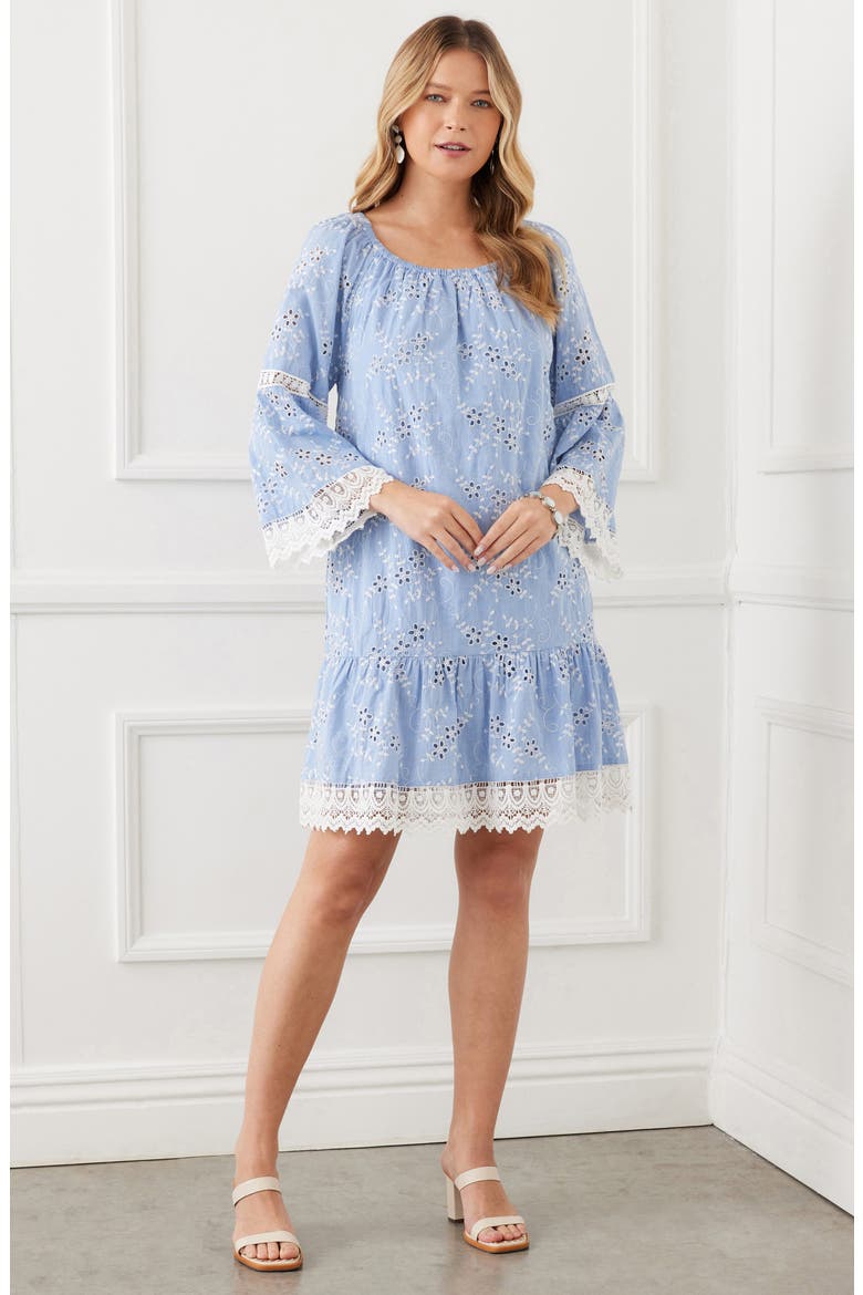Mixed Lace Cotton Eyelet Shift Dress, Alternate, color, CHAMBRAY
