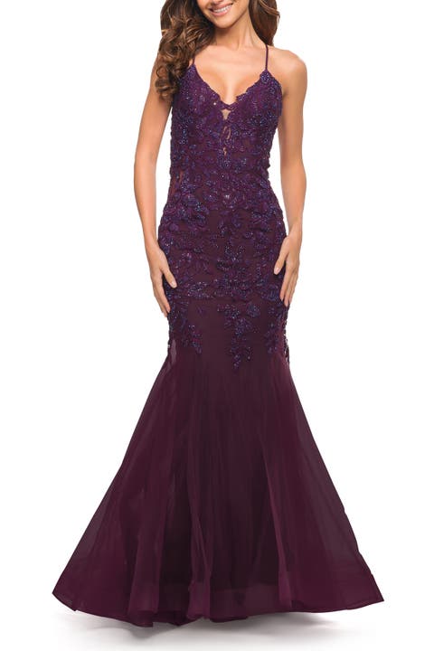 Mermaid Tulle and Lace Jeweled Prom Dress