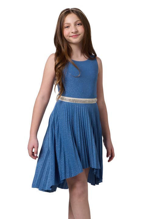 Glitter Pleated High Low Dress with Belt (Big Kid)