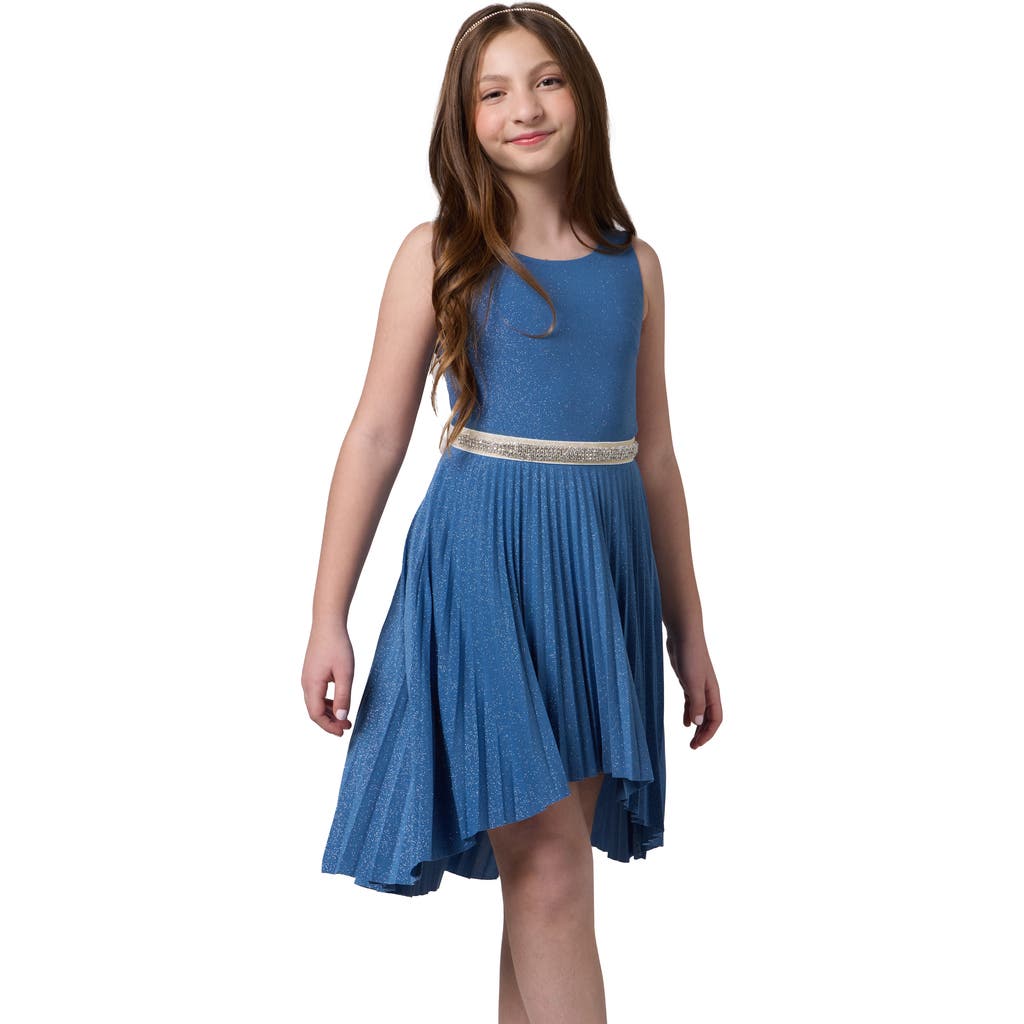 Un Deux Trois Glitter Pleated High Low Dress With Belt In Blue
